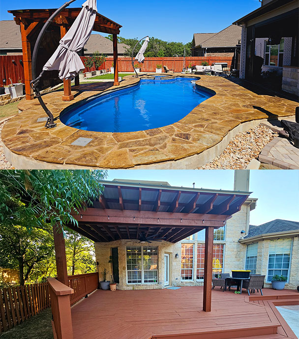 Custom outdoor deck and backyard swimming pool with pergola in Central Texas by US Premier Lawn & Services